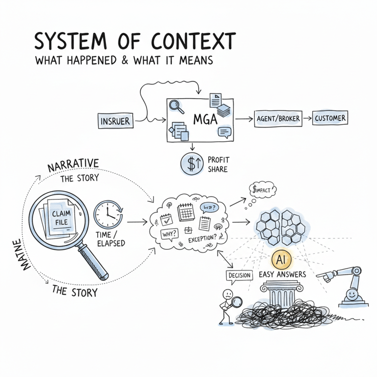 Hand-drawn diagram contrasting a transparent "System of Context" with "Context Theater," where a glowing AI icon sits atop a tangled "Black Box" of undocumented data.