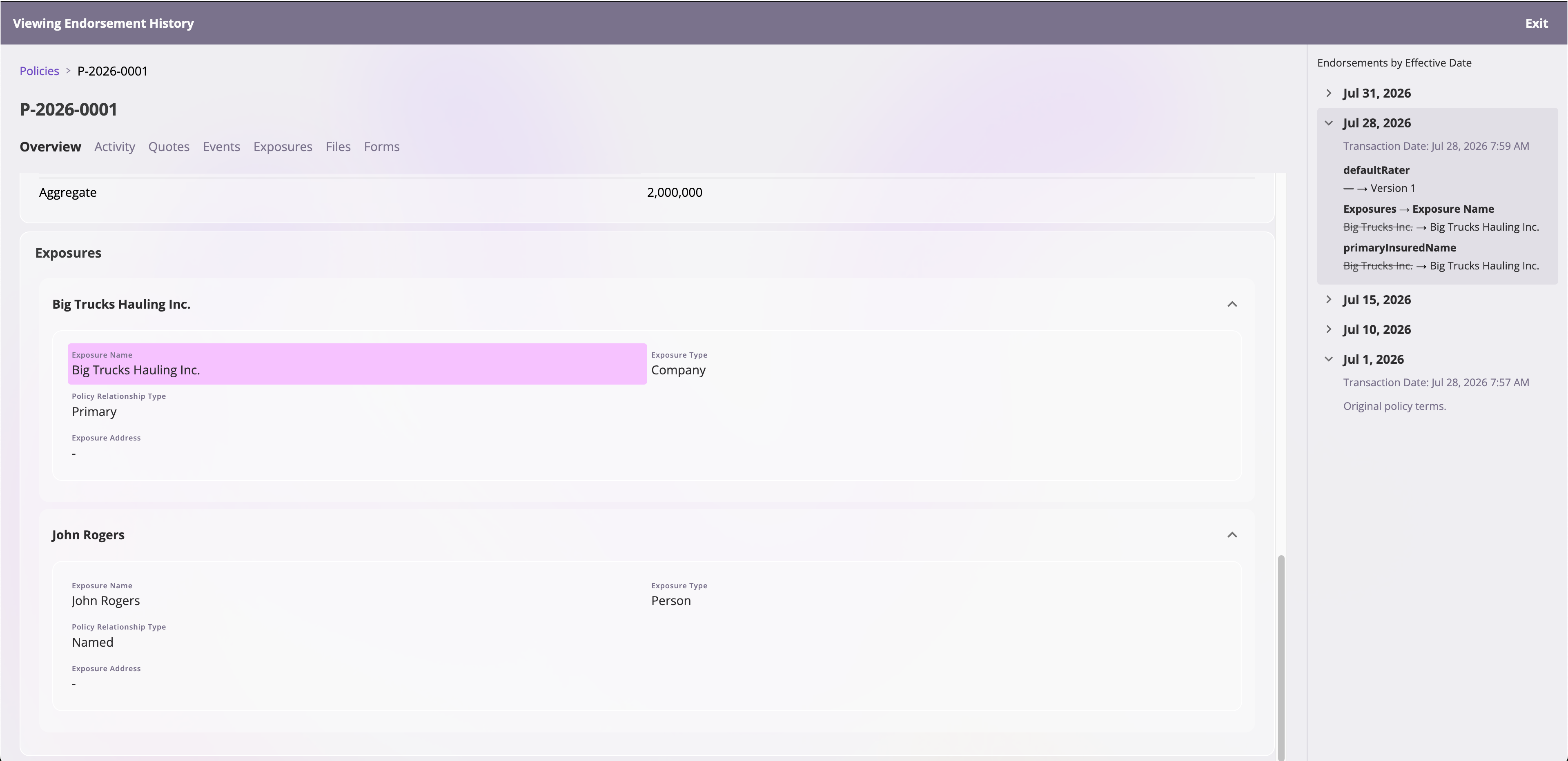 Policy timeline and endorsement history UI